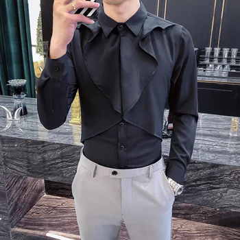 2019 Gotiske Shirt Mænd Slim Fit Bryllupsfest Shirt Mænd Patch Flæsekanter Shirt Camisa Masculina Mænd Shirt I Sort Koreanske Mænd Tøj