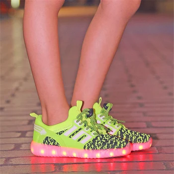 7ipupas Ny Trend børn Led sneakers med usb-Åndbar lysende Lærred sneaker sko til piger&drenge, Kids Grønne Lysende Led-sko