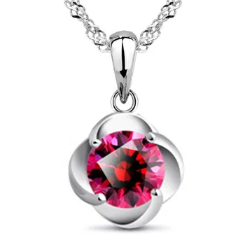 925 sterling sølv mode rød krystal steg blomst damer'pendant halskæde smykker korte vand-bølge kæde engros