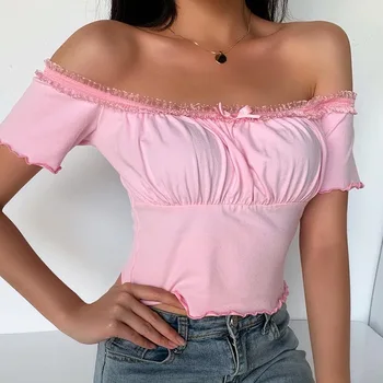 ArtSu Sexet Slash Neck Lace Pink Slim Afgrøde Top 2020 Sommeren Kvinder Mode Off skulder Bue T-shirt Kvindelige Streetwear ASTS28014