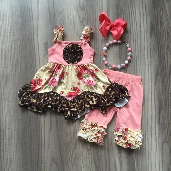 Baby piger sommer outfits børn blomster leopard kjole med pink bukser piger sommer tøj med tilbehør
