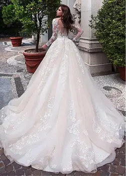 Custom Made Lange Ærmer A-Line Wedding Dress 2019 Mode-Halsudskæring-Knappen Vintage Brudekjole Vestido de Noiva Plus Størrelse