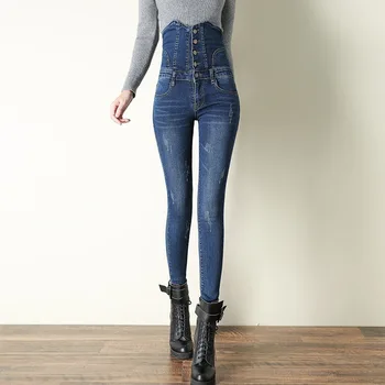 Denim Skinny Jeans Kvinde Plus Size Stretch, Høj Talje Elastik Leggings Blyant Bukser Blå Sort Modetøj Push Up Kvindelige 20