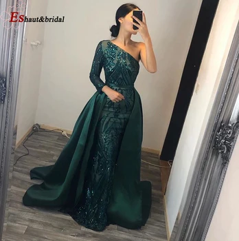 Elegant Kjole til Aften i 2020 Muslimske Lange Ærmer Havfrue med Aftagelig Tog Med den Ene Skulder Prom Party Kjoler