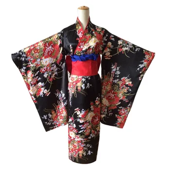 Elegante Kvinder Trykt Blomst Geisha Klæder Kjole i Klassisk Japansk Stil Cosplay Kostumer Sexet Kimono Badekåbe Kjoler Med Obi-3XL