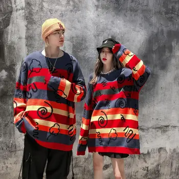 Hip Hop Regnbue Stribede Trøjer Harajuku Hånd Malet Graffiti Pullover Sweater 2020 Flerfarvet Farve Blok Sweater Mænd