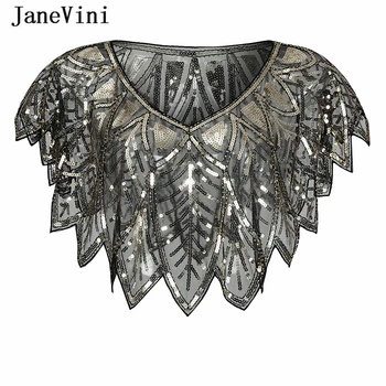 JaneVini Elegant Sort Guld Bolero Sparkle Sequined Brude Wraps Beaded Bryllup Cape Sjaler Kappe for en Aften Fest Tilbehør