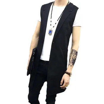 M-5XL Newest Korea Men's Fashion Tops Shirts Strap Single-Button Black Long Vest Mens Slim Sleeveless Jacket Waistcoat