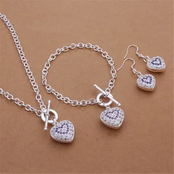 Nye sølv farve smykker sæt mode romantisk lilla krystal zircon kærlig vedhæng TIL halskæde, armbånd Dingle Øreringe S372