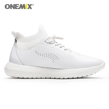 ONEMIX Mænd Kvinder Hvid sneakers super let walking sko udendørs løbesko blødt stof læder Lys Mand Sko i Sort