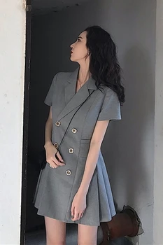 Plus Size Dobbelt-Breasted Grå Blazer Kjole Kvinder 2019 Sommeren koreansk Mini Plisserede Kjoler Kvinde Kontor Elegant Tøj 5XL