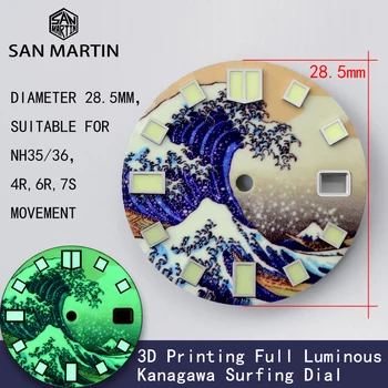 San Martin Kanagawa Surfing Skive 28.5 mm 3D-Print Fuld Lysende Dato Vindue Egnet Til NH35/36 4R/6R/7S Bevægelse