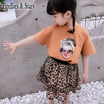 Sommer piger 2 stk sæt baby t-shirt + mini nederdel kids til børn i tøj, mode lolli hoved leopard print 3 til 9 år