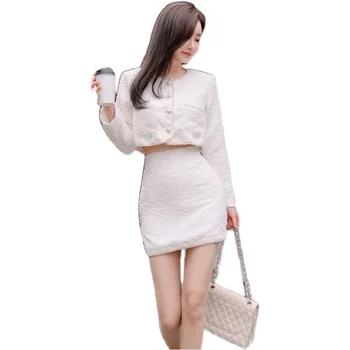 Sød sexet passer til 2 stk korea damer white lace langærmet toppe og Sexet mini Nederdel Part for kvinder mode sæt