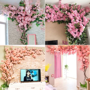 Yumai Falske Cherry Blossom Træ Pink Store Sakura Kunstige Blomster Bryllup part Baggrund vægdekoration butiksvindue Indretning