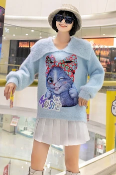 2020 efteråret og vinteren løs retro dukke krave tunge industri kat sequined sweater dovne stil soft mælk sweater frakke trend