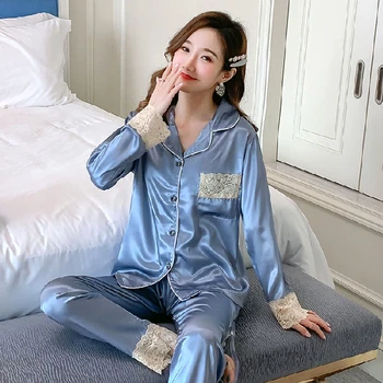 2020 Nye Efterår og Vinter Kvinder Silke Pyjamas Lange Toppe Sæt Kvindelige Pyjamas Sæt NightSuit solid Nattøj Sæt Lange Bukser Kvinder Nat