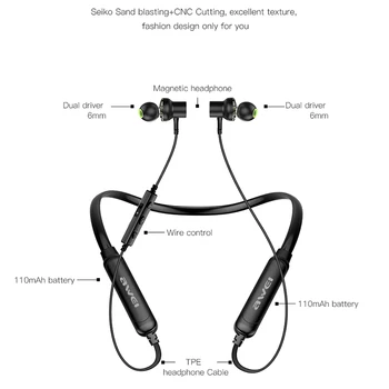 AWEI G20BLS Trådløse Sport Hovedtelefoner 3D Stereo Dual Dynamisk Driver Hovedtelefon Bluetooth Neckband Høretelefoner Magnetisk