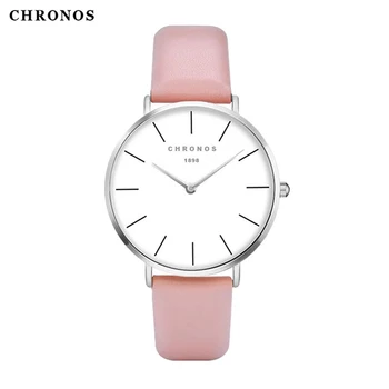 Chronos Kvinder Ur Enkel Dial Mode Syning Side Læder Rem Minimalistisk Rød Pink Ladies Quartz Armbåndsur CH02