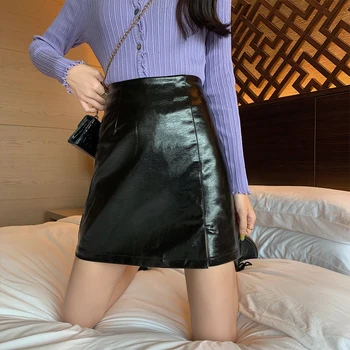 Elegant Høj Talje A-linje PU Læder Nederdel Kvinder koreansk Mode 2020 Efterår og Vinter Korte Nederdele Slids Mini Kvinde Nederdel 6 Farver