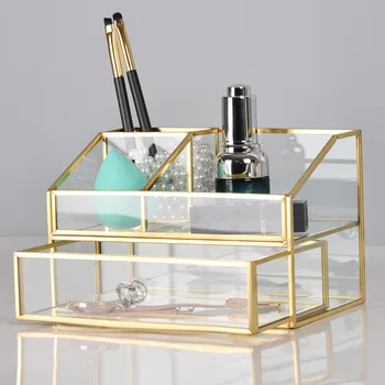 Glas Makeup organizer med skuffe gyldne kant Cosmetic organizer smykker rack Læift ring opbevaringsboks makeup børste