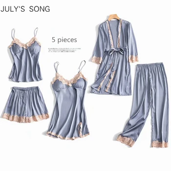 JULI SANG 5 Stykker Pyjamas Sæt Sexy Lace Satin Silke Nattøj Kvinder, Sommer, Forår Mode Pyjamas for Kvinder Robe Sove Lounge