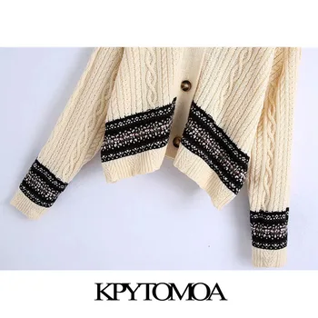 KPYTOMOA Kvinder 2020 Mode Overdimensionerede Jacquard Kabel-strik Sweater Vintage V-Hals Lange Ærmer Kvindelige Pullovere Smarte Toppe