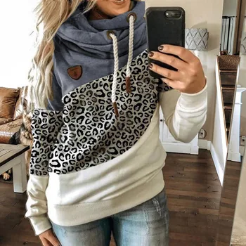 Kvinder Rullekrave Hættetrøjer Vinter Mode Løbegang Lange Ærmer Hætteklædte Sweatshirts Casual Leopard Print Kvindelige Pullovere Toppe