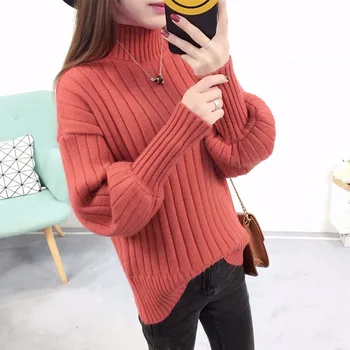 Lanterne Ærme Gul Kvinders Sweater koreanske Pullovere Vinter Rullekrave Lady Sweater Strik Kvindelige Pullover Blå Løs Jumper