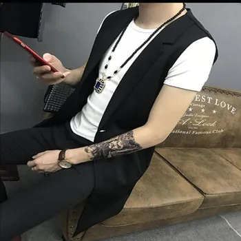 M-5XL Newest Korea Men's Fashion Tops Shirts Strap Single-Button Black Long Vest Mens Slim Sleeveless Jacket Waistcoat