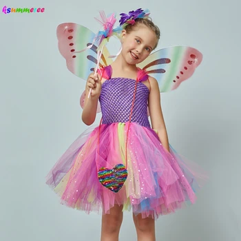 Piger Glitter Tutu Kjole med Sommerfugl Vinger & Fe Wand Børn Rainbow Fe Part Cosplay Kostume Piger Rainbow Tyl Kjole