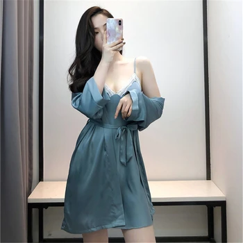 Pyjamas kvinder forår og efterår nyt badeværelse sexet slynge shorts kimono natkjole 3stk koreanske stor størrelse home service badjas