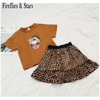 Sommer piger 2 stk sæt baby t-shirt + mini nederdel kids til børn i tøj, mode lolli hoved leopard print 3 til 9 år