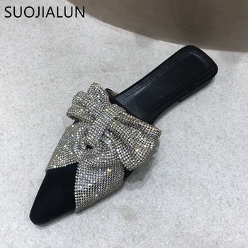 SUOJIALUN 2021 Brand Designer Kvinder Slipper Mode Bling Crystal Bow-kont Dias Spids Tå Slip På Muldyr Sko Kjole Sandal