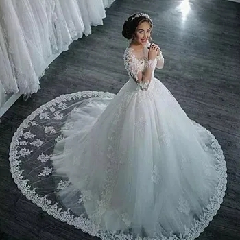 Vestidos De Noiva 2021 Elegant En Linje Langærmet Brudekjole Med Tyl Pynt Beaded Prinsesse Blonder Brudekjole Robe De Mariee