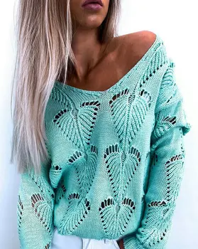 Vinteren Kvinder Trøjer Sexet-V-hals Fashion Hule Strik Sweater med Lange Ærmer Casual Solid Kvindelige Dejlige Toppe Efteråret Streetwear