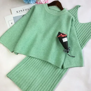 Voobuyla Vinter Trøje, der Passer til Kvinder 2018 To delt Sæt Strik Kjole Efteråret Kjole+Pullover Sort Sweater Løs Elasticitet Mujer