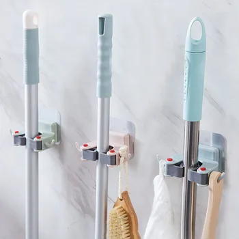 Multifunktionelle Stærk Problemfri Selvklæbende Mop Rack Sweeper Køkken, Badeværelse Organizer Holder Rengøring Af Værktøj Opbevaring Hylde