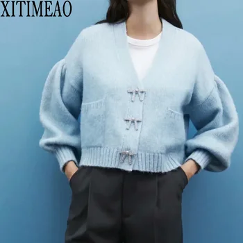 ZA Kvinder Mode Med Rhinsten Knapper Strikket Cardigan Sweater Vintage Lange Ærmer Løs Kvindelige Overtøj Smarte Toppe