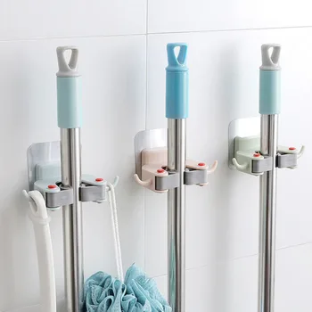 Multifunktionelle Stærk Problemfri Selvklæbende Mop Rack Sweeper Køkken, Badeværelse Organizer Holder Rengøring Af Værktøj Opbevaring Hylde