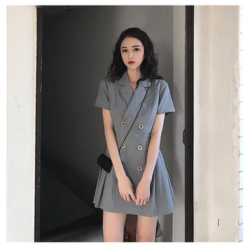 Plus Size Dobbelt-Breasted Grå Blazer Kjole Kvinder 2019 Sommeren koreansk Mini Plisserede Kjoler Kvinde Kontor Elegant Tøj 5XL