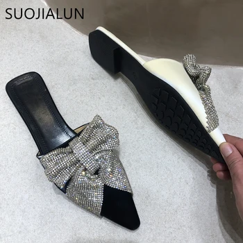 SUOJIALUN 2021 Brand Designer Kvinder Slipper Mode Bling Crystal Bow-kont Dias Spids Tå Slip På Muldyr Sko Kjole Sandal