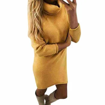 2018 Mode lady sweater Solid Turtleneck Sweater, Lange Afslappet langærmet Pullove Kjole, rullekrave, sueteres vestido gola alta
