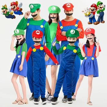 Klassiske Super Mario Cosplay Kostumer Barn, Voksen Mario Bros Blikkenslager Jumpsuits+Skæg+Hat Kvinder, Piger Kjole Nederdel Halloween Party