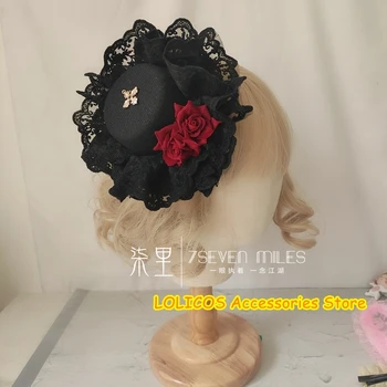 Vintage Rose blomst på Tværs af Lolita Højde Top Hat Mørke Gotiske Blonder Hårnål Side Klippet Hovedklæde Tilbehør håndlavet Halloween