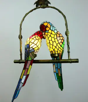 Vintage Tiffany Glas Lysekrone Lys To Papegøjer Fugl Loft lampe Hængende Lampe til Soveværelse, Balkon, Stue
