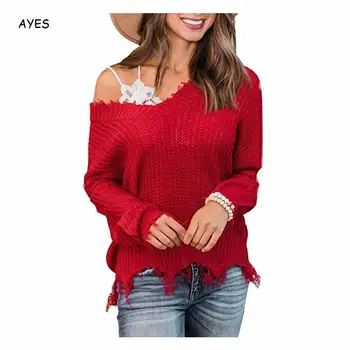 2019 Basic V-Neck Rippet Sweater Solid Farve Efterår Og Vinter Med Lange Ærmer Pullover Sweater Kvinder Rød Gul Kvindelige Strikket Sweater
