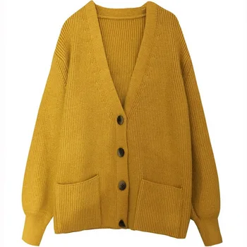 2020 Gul Kvinder Cardigan Sweater Casual Solid Løs Strik med V hals Lange Ærmer Strikket Cardigan Outwear vinterfrakke Femenino