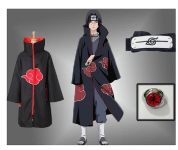 GRATIS alloween Anime NARUTO Sasuke og Itachi Cosplay Kostume Akatsuki Ninja Vind Pels Cape Robe Pels sæt Ring Pandebånd 4 ordrer