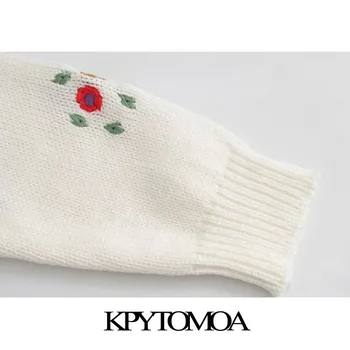 KPYTOMOA Kvinder 2020 Mode Blomster Broderi Beskåret Strikket Cardigan Sweater Vintage Lange Ærmer Kvindelige Overtøj Smarte Toppe